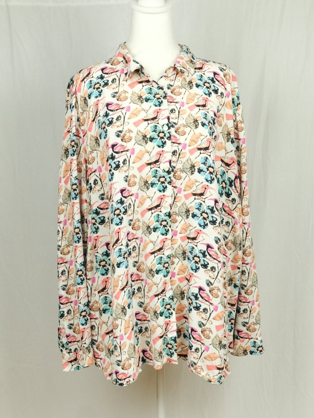 Talbots Artsy Floral Bird Print Button-Up Shirt Size 3XL Multicolor